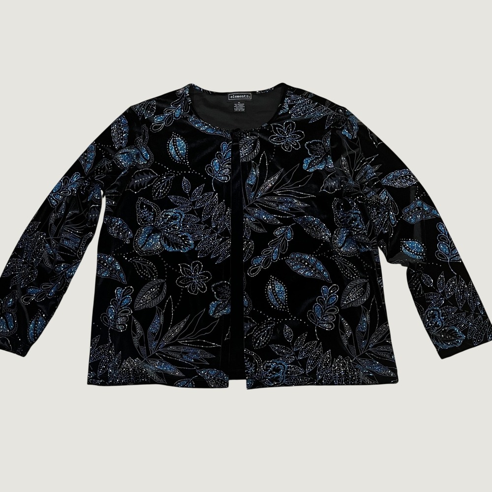 Vintage Elementz Black Blue Glitter Floral Velvet Top XL